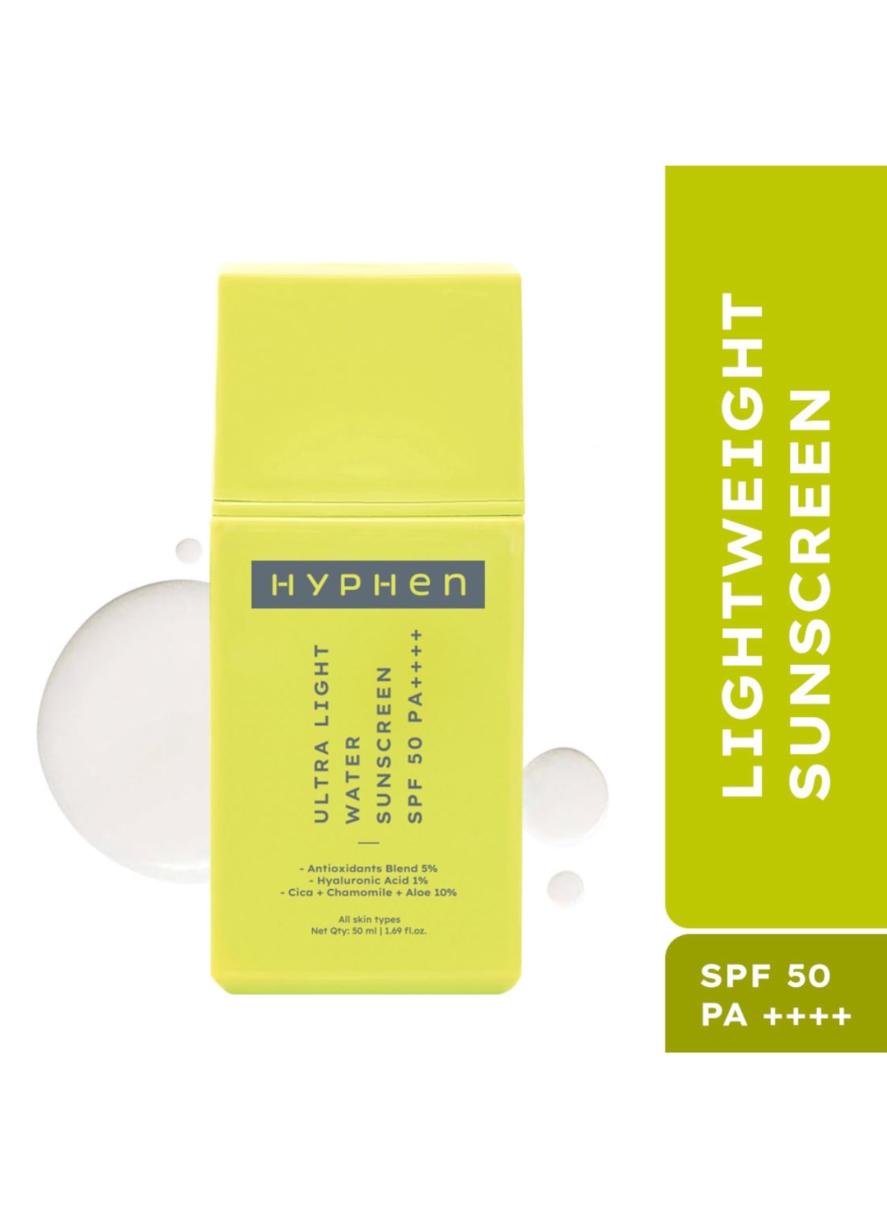 Hyphen Ultra Light Weight Sunscreen SPF 50 PA ++++ For UVA-UVB Protection I No White Cast & Fragrance Free - 50ML