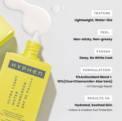 Hyphen Ultra Light Weight Sunscreen SPF 50 PA ++++ For UVA-UVB Protection I No White Cast & Fragrance Free - 50ML
