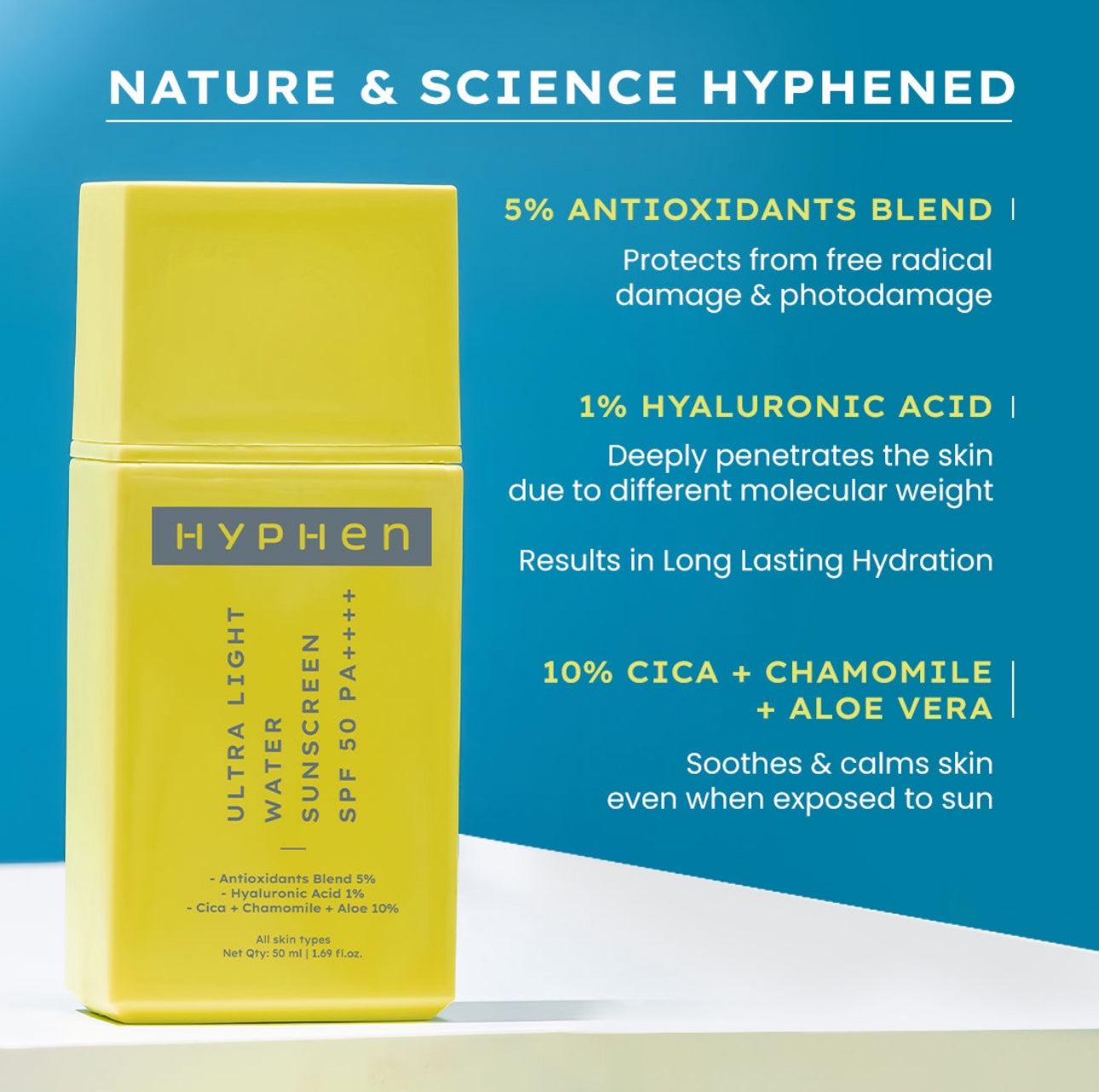 Hyphen Ultra Light Weight Sunscreen SPF 50 PA ++++ For UVA-UVB Protection I No White Cast & Fragrance Free - 50ML