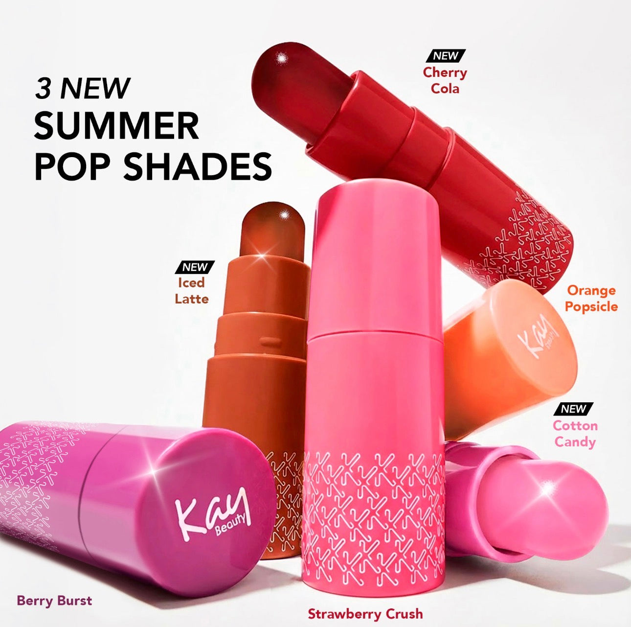 Colorful lipsticks with 'Kay Beauty' branding on a white background, featuring '3 New Summer Pop Shades'.