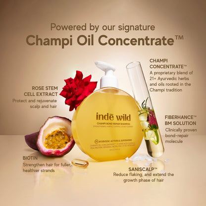 Indé Wild Champi Oil Concentrate product with ingredients and benefits on a beige background