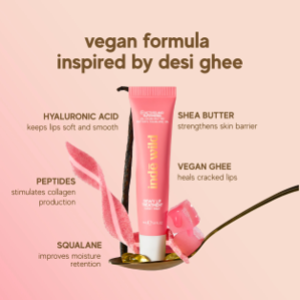 Pink lip balm with text detailing its ingredients on a pink background