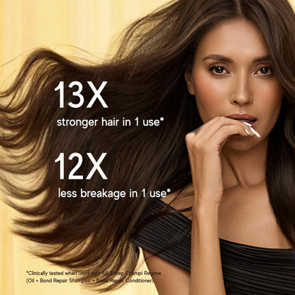 Woman with long, healthy hair with text highlighting hair strength and breakage reduction.