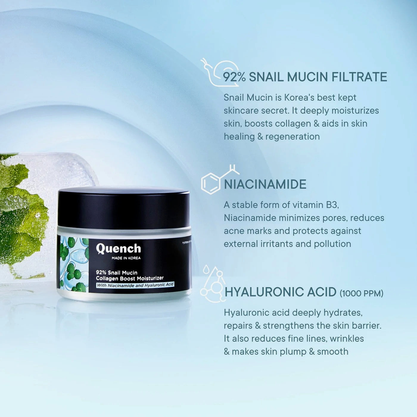 Quench Botanics 92% Snail Mucin Collagen Boost Moisturizer with Niacinamide & Hyaluronic Acid - 50 ml