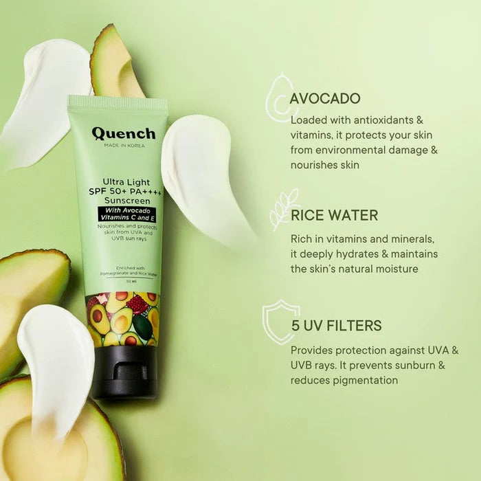 Quench Botanics Ultra Light SPF 50+ PA++++ Sunscreen with Avocado Vitamins C & E - 50 ML