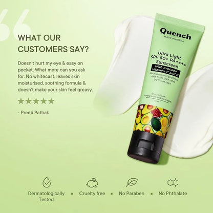 Quench Botanics Ultra Light SPF 50+ PA++++ Sunscreen with Avocado Vitamins C & E - 50 ML