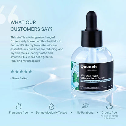 Quench Botanics 96% Snail Mucin Collagen Boost Serum with Niacinamide & Hyaluronic Acid - 30 ml